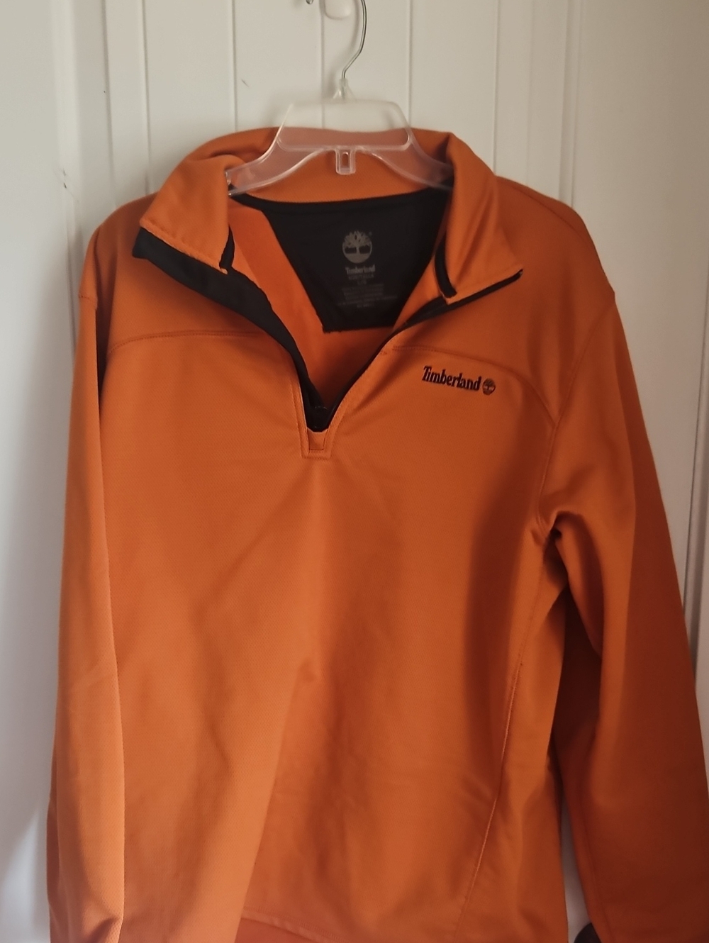 Timberland Men's Orange Zip-Neck Sweater with Black Trim